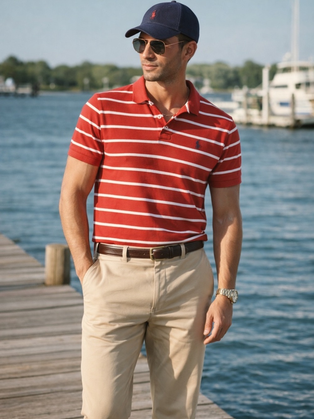 Polo Ralph Lauren Red White Striped Polo Shirt Mens Medium Classic